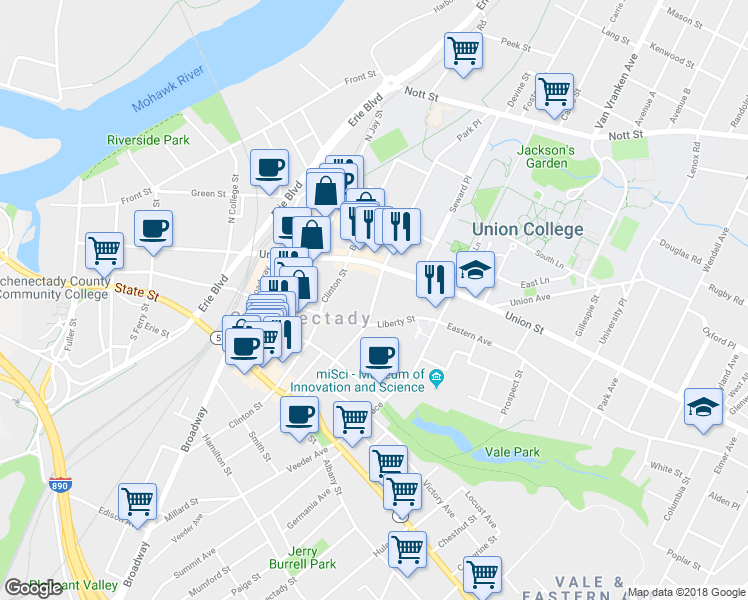 map of restaurants, bars, coffee shops, grocery stores, and more near 28 Lafayette Street in Schenectady