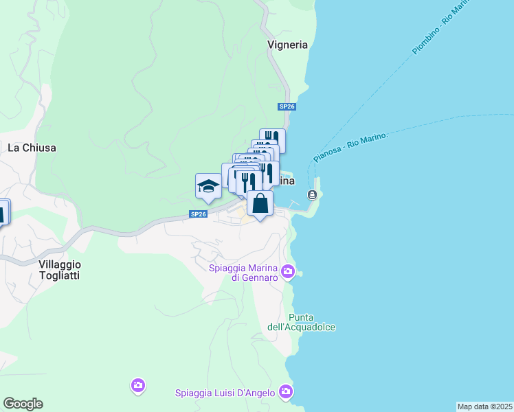 map of restaurants, bars, coffee shops, grocery stores, and more near 14 Piazza Giuseppe Mazzini in Rio Marina