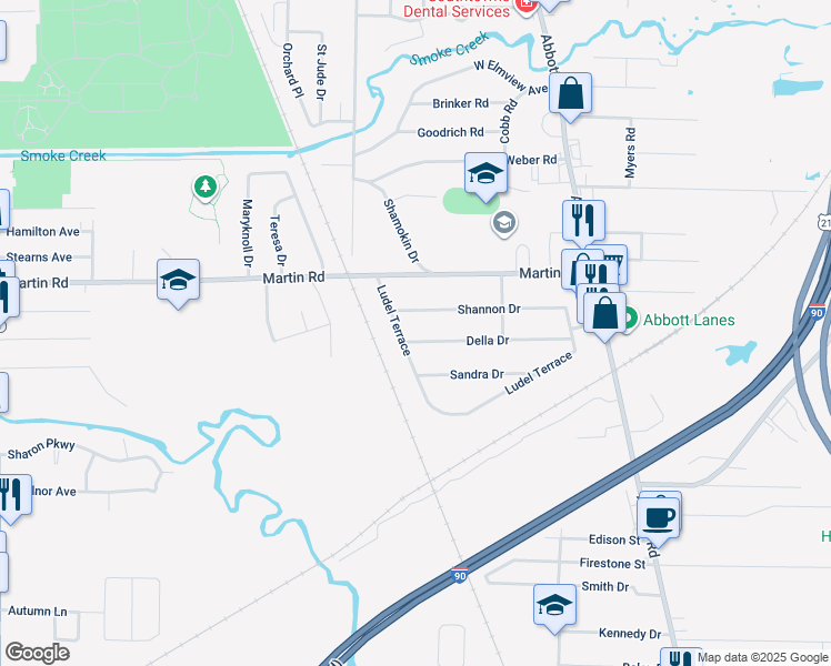 map of restaurants, bars, coffee shops, grocery stores, and more near 12 Della Drive in Buffalo