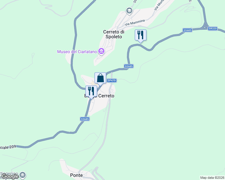 map of restaurants, bars, coffee shops, grocery stores, and more near 1 Via della Peschiera in Borgo Cerreto