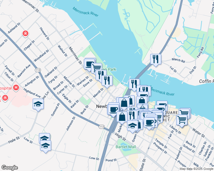 map of restaurants, bars, coffee shops, grocery stores, and more near 169 Merrimac Street in Newburyport