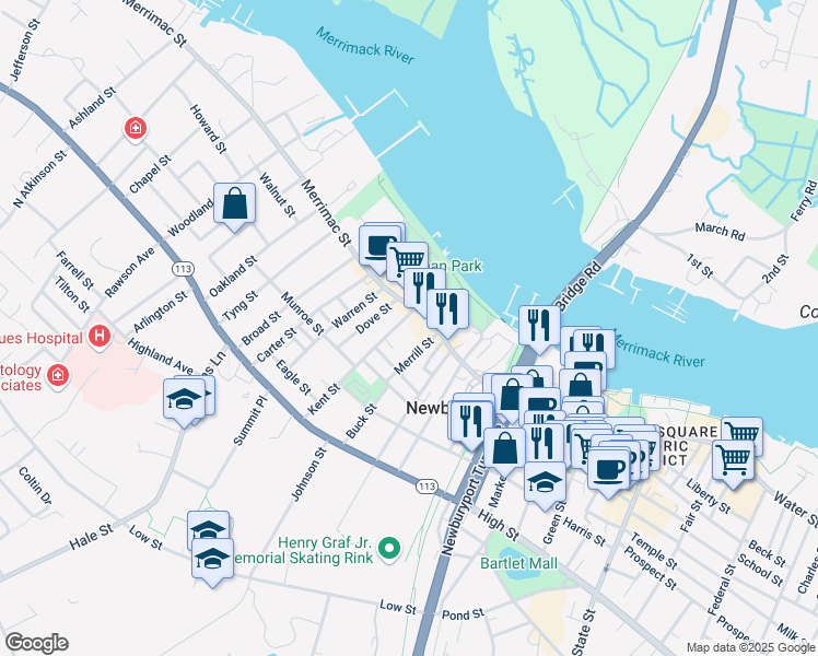 map of restaurants, bars, coffee shops, grocery stores, and more near 21 Kent Street in Newburyport
