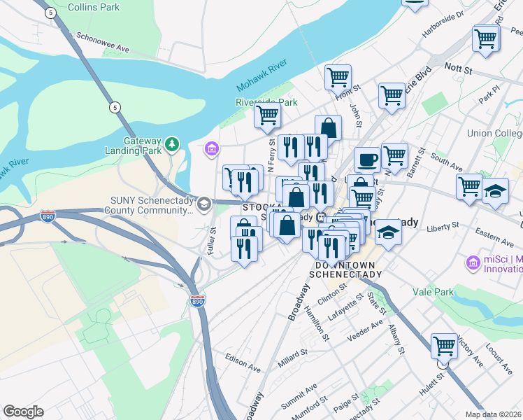 map of restaurants, bars, coffee shops, grocery stores, and more near 134 State Street in Schenectady