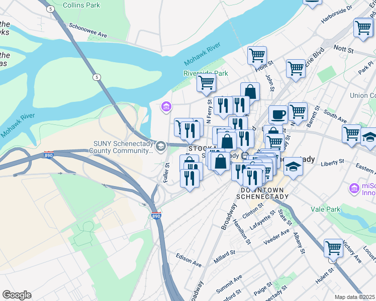 map of restaurants, bars, coffee shops, grocery stores, and more near 134 State Street in Schenectady