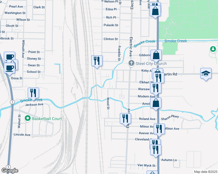 map of restaurants, bars, coffee shops, grocery stores, and more near 103 Warsaw Street in Lackawanna