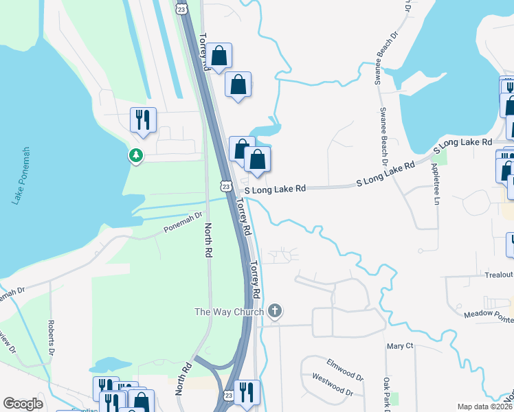 map of restaurants, bars, coffee shops, grocery stores, and more near 2443 South Long Lake Road in Fenton