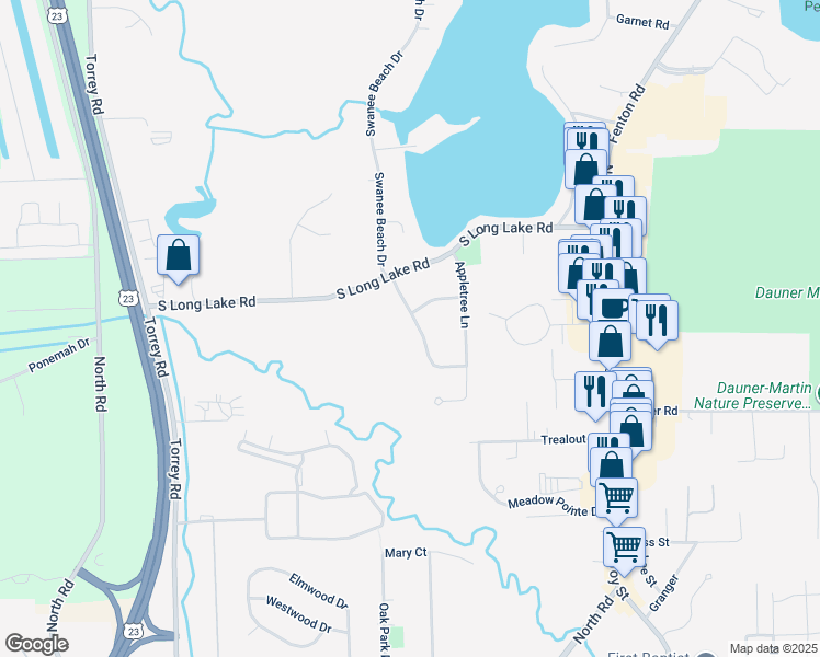 map of restaurants, bars, coffee shops, grocery stores, and more near 14422 Swanee Beach Drive in Fenton