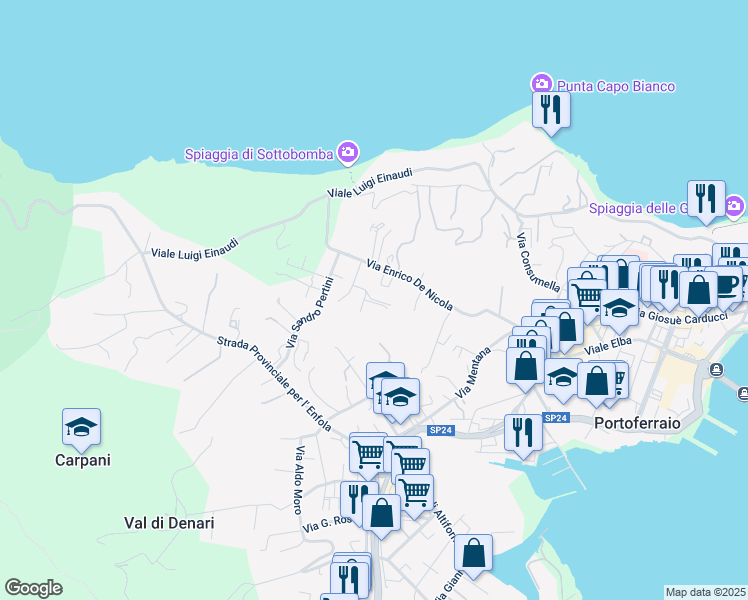 map of restaurants, bars, coffee shops, grocery stores, and more near 17 Via M.Tornaquinci in Portoferraio