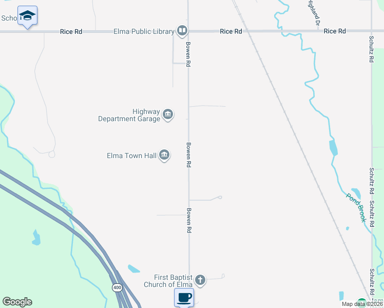map of restaurants, bars, coffee shops, grocery stores, and more near 1615 Bowen Road in Elma Center