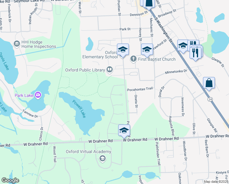map of restaurants, bars, coffee shops, grocery stores, and more near 664 Mallards Way in Oxford Charter Township
