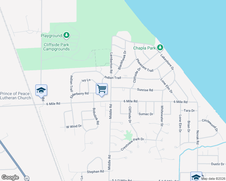 map of restaurants, bars, coffee shops, grocery stores, and more near 3108 6 Mile Road in Racine