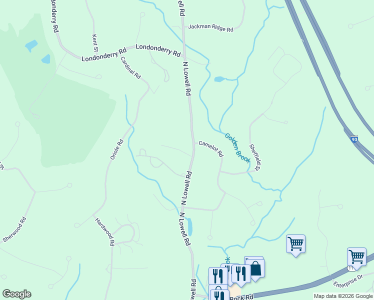 map of restaurants, bars, coffee shops, grocery stores, and more near 35 North Lowell Road in Windham