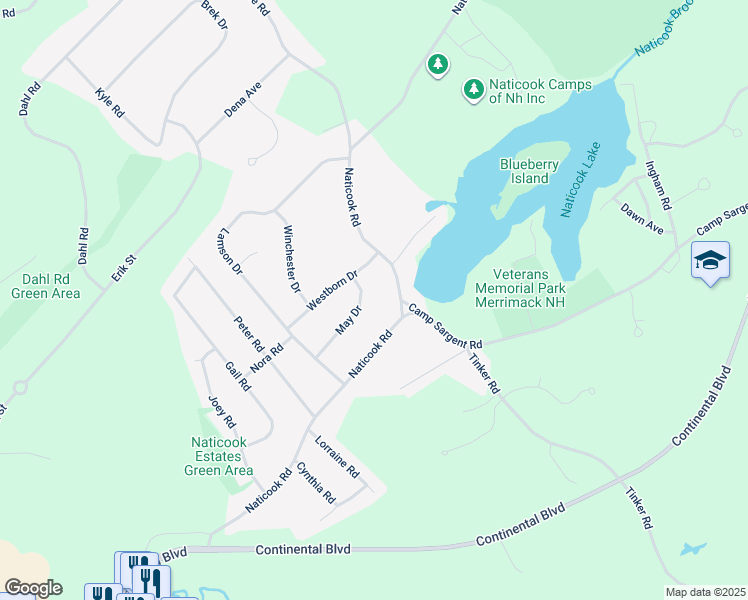 map of restaurants, bars, coffee shops, grocery stores, and more near 175 Naticook Road in Merrimack