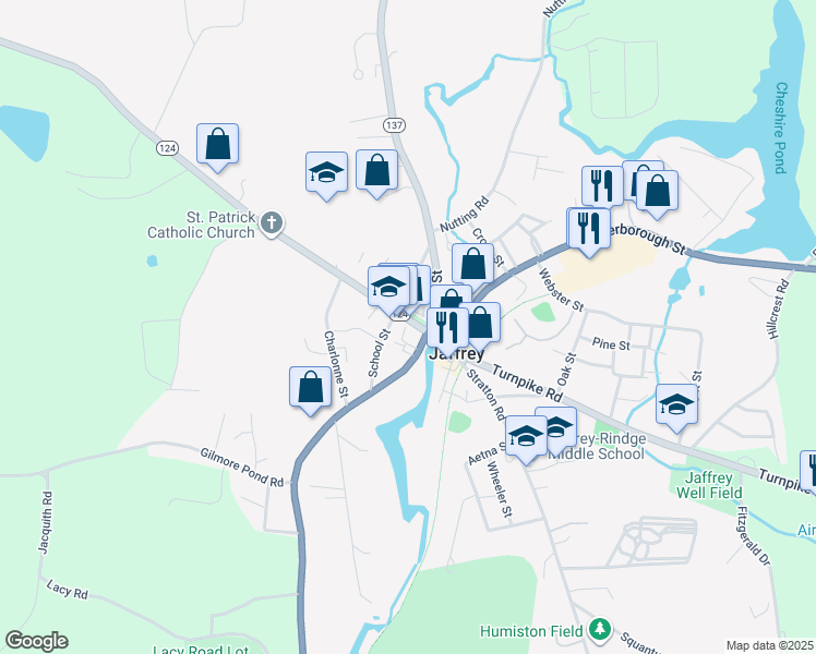 map of restaurants, bars, coffee shops, grocery stores, and more near 8 River Street in Jaffrey