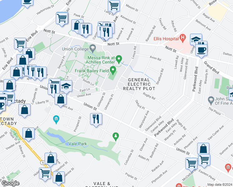 map of restaurants, bars, coffee shops, grocery stores, and more near 1076 Park Avenue in Schenectady