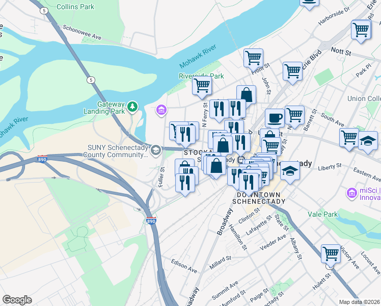 map of restaurants, bars, coffee shops, grocery stores, and more near 134 State Street in Schenectady
