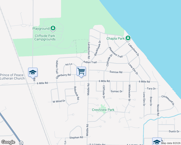 map of restaurants, bars, coffee shops, grocery stores, and more near 3108 6 Mile Road in Racine