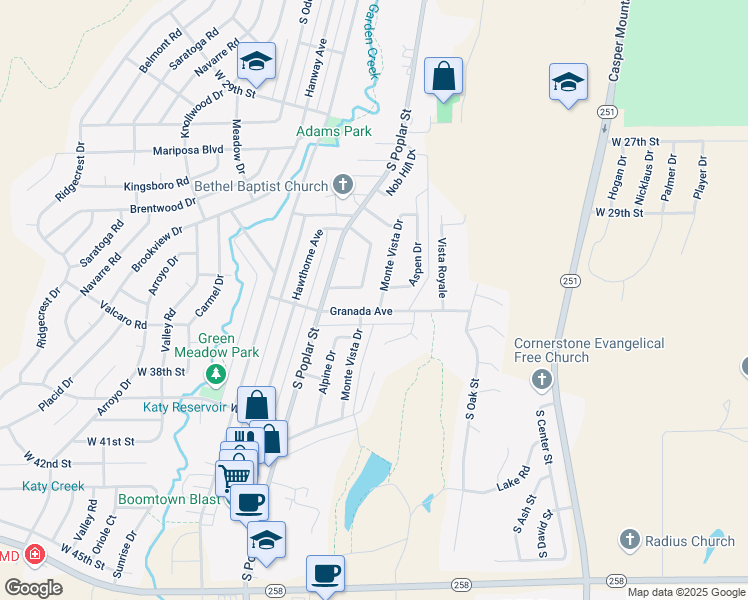 map of restaurants, bars, coffee shops, grocery stores, and more near 3348 Monte Vista Drive in Casper