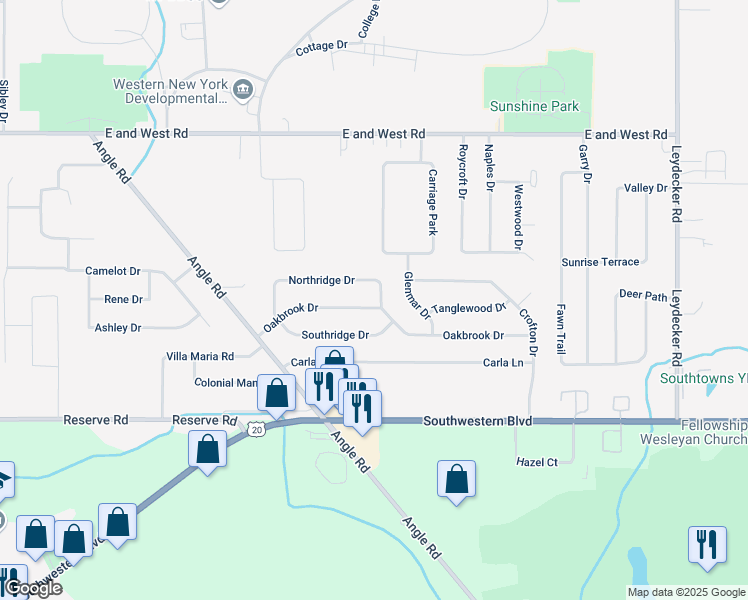 map of restaurants, bars, coffee shops, grocery stores, and more near 97 Oakbrook Drive in West Seneca