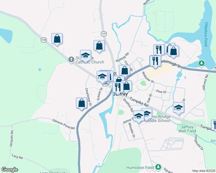 map of restaurants, bars, coffee shops, grocery stores, and more near 8 River Street in Jaffrey