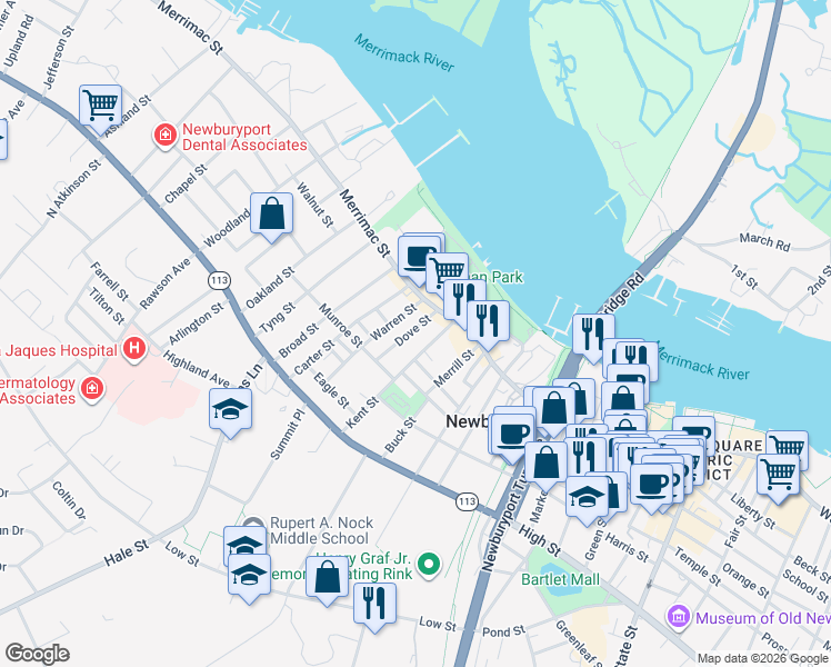 map of restaurants, bars, coffee shops, grocery stores, and more near 11 Dove Street in Newburyport