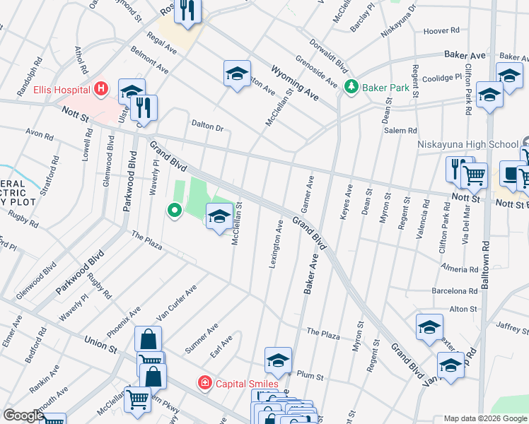 map of restaurants, bars, coffee shops, grocery stores, and more near 1348 Sumner Avenue in Schenectady