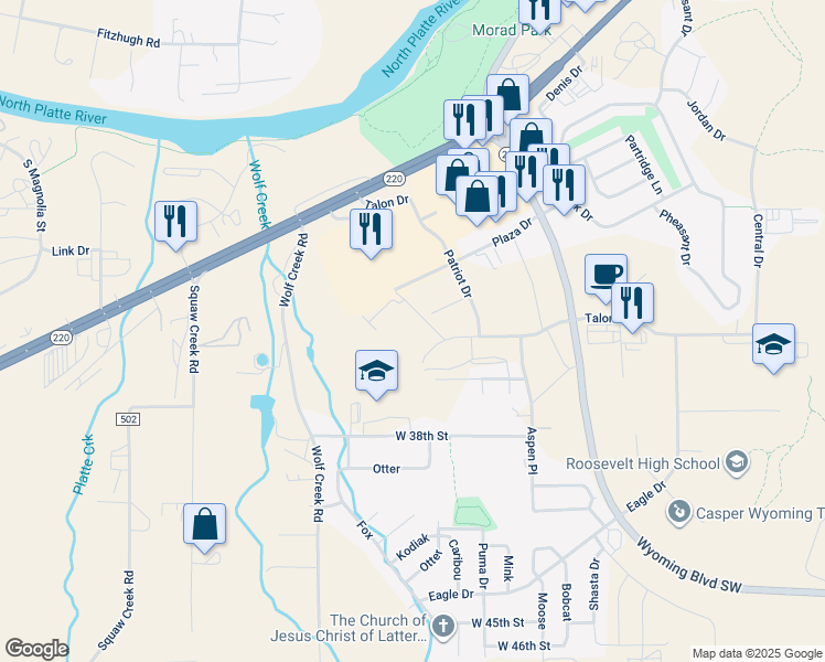 map of restaurants, bars, coffee shops, grocery stores, and more near 4138 Talon Drive in Casper