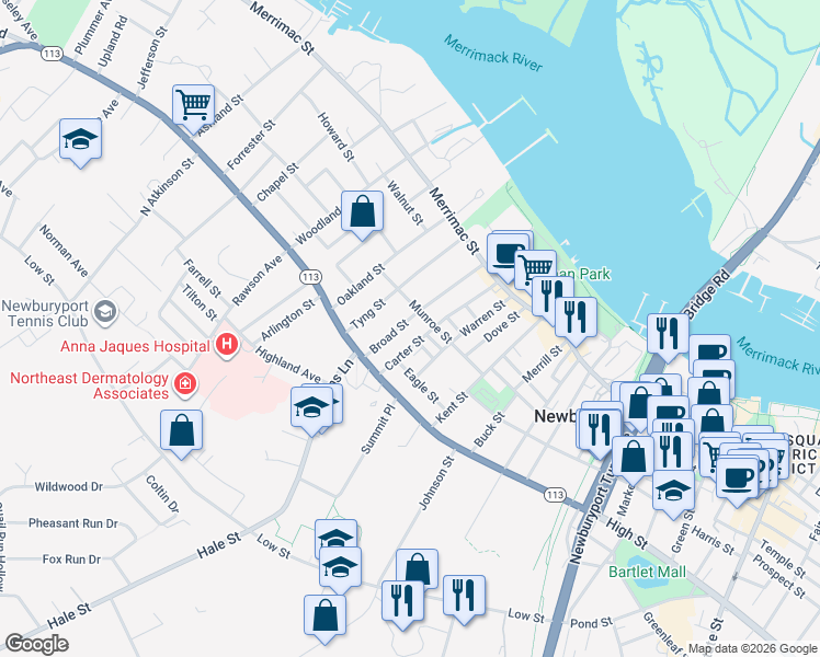 map of restaurants, bars, coffee shops, grocery stores, and more near 47 Carter Street in Newburyport