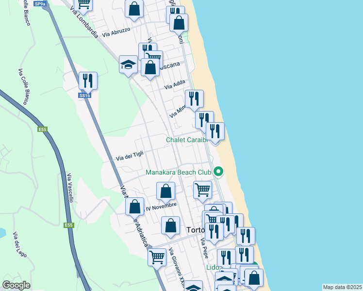 map of restaurants, bars, coffee shops, grocery stores, and more near 9 Via Aniene in Alba Adriatica