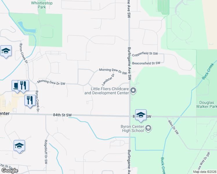map of restaurants, bars, coffee shops, grocery stores, and more near 1720 Misty Ridge Boulevard in Byron Center