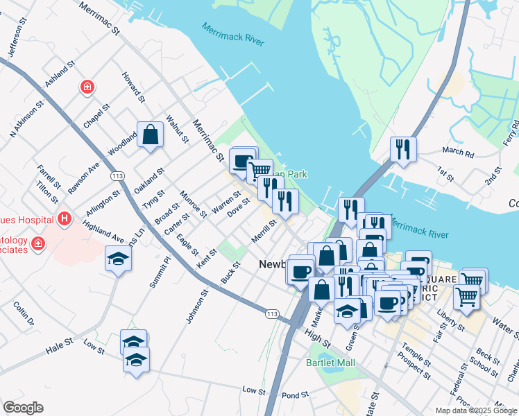 map of restaurants, bars, coffee shops, grocery stores, and more near 21 Kent Street in Newburyport