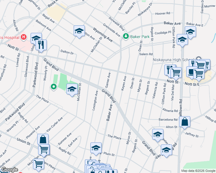map of restaurants, bars, coffee shops, grocery stores, and more near 1923 Grand Boulevard in Schenectady
