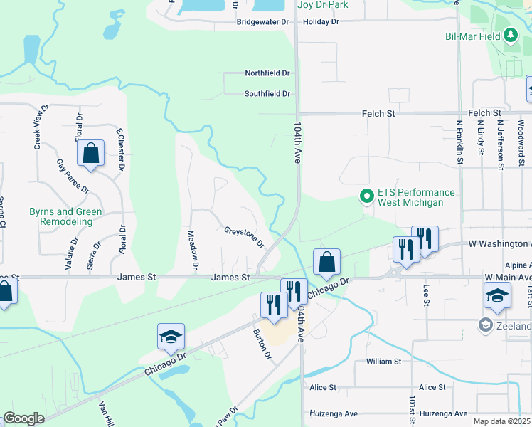 map of restaurants, bars, coffee shops, grocery stores, and more near 2520 Marble Court in Zeeland