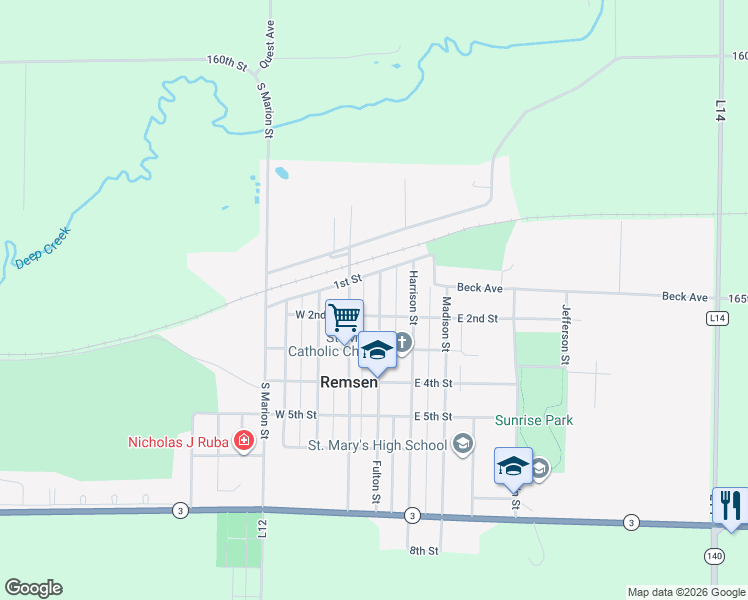 map of restaurants, bars, coffee shops, grocery stores, and more near 100-198 East 2nd Street in Remsen