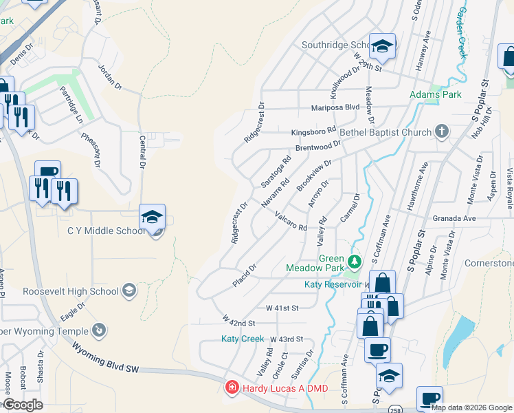 map of restaurants, bars, coffee shops, grocery stores, and more near 3610 Brookview Drive in Casper