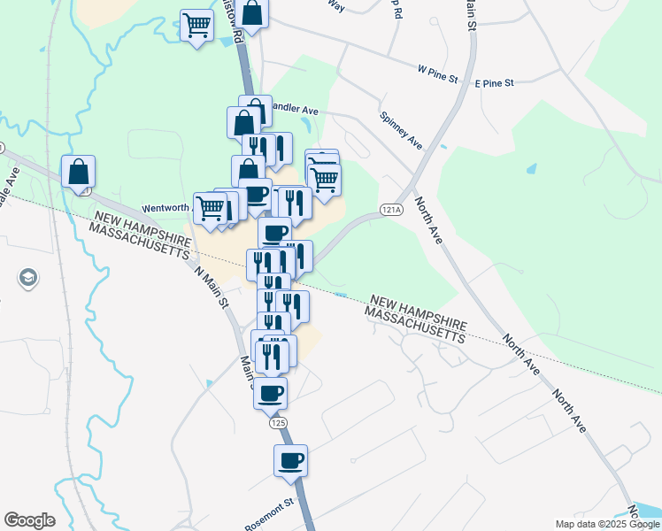 map of restaurants, bars, coffee shops, grocery stores, and more near 3 Main Street in Plaistow