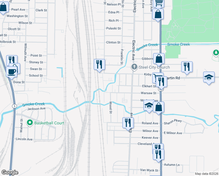 map of restaurants, bars, coffee shops, grocery stores, and more near 103 Warsaw Street in Lackawanna