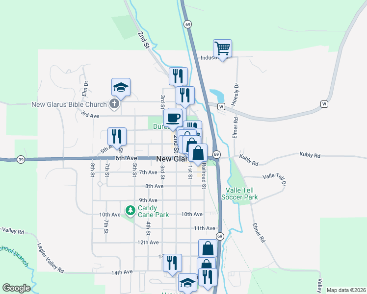 map of restaurants, bars, coffee shops, grocery stores, and more near 101 6th Avenue in New Glarus