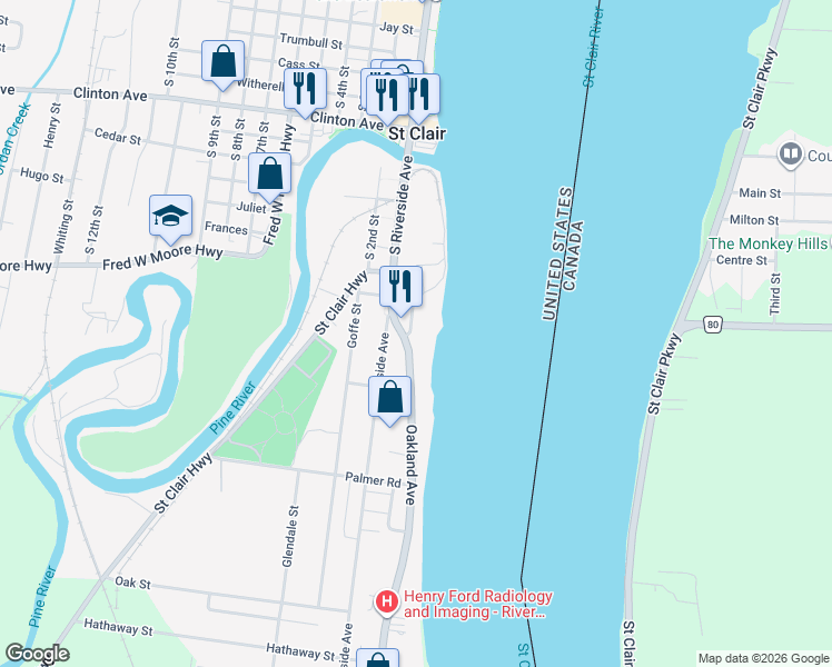 map of restaurants, bars, coffee shops, grocery stores, and more near 1327 Oakland Avenue in Saint Clair