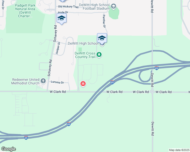 map of restaurants, bars, coffee shops, grocery stores, and more near 1 West Clark Road in DeWitt