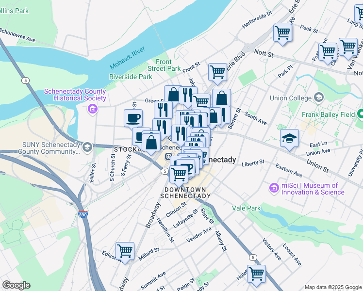 map of restaurants, bars, coffee shops, grocery stores, and more near 17 Broadway in Schenectady