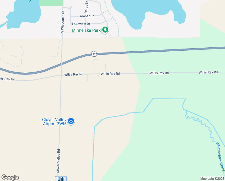 map of restaurants, bars, coffee shops, grocery stores, and more near W8597 Willis Ray Road in Whitewater