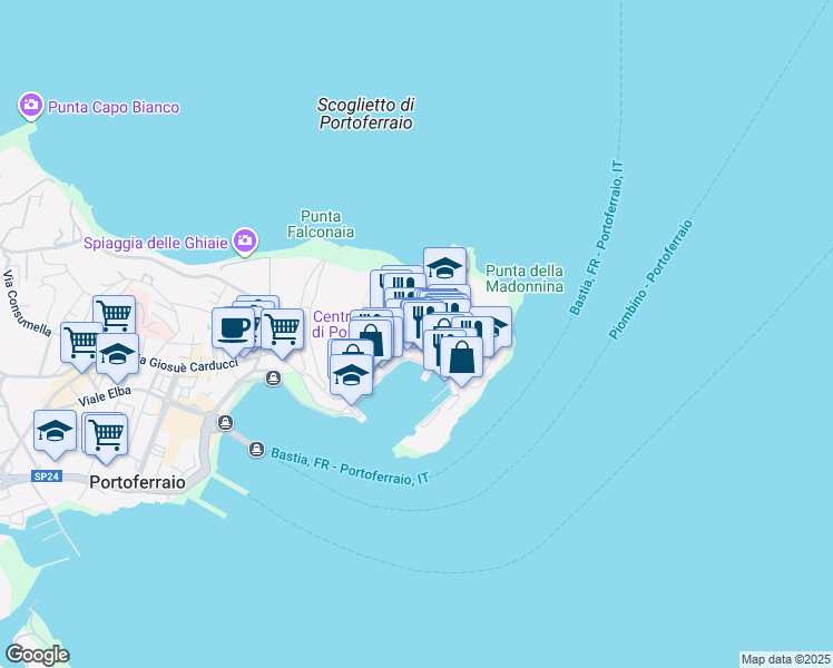 map of restaurants, bars, coffee shops, grocery stores, and more near Vicolo San Francesco in Portoferraio