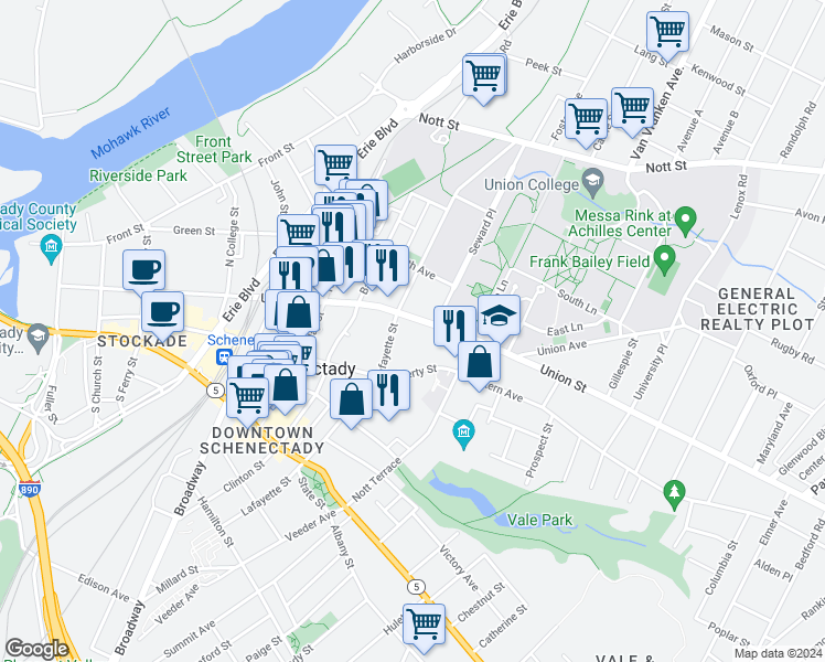 map of restaurants, bars, coffee shops, grocery stores, and more near 709 Union Street in Schenectady