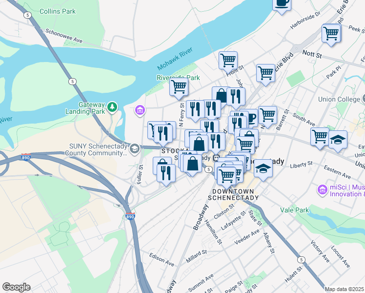 map of restaurants, bars, coffee shops, grocery stores, and more near 115 South Ferry Street in Schenectady