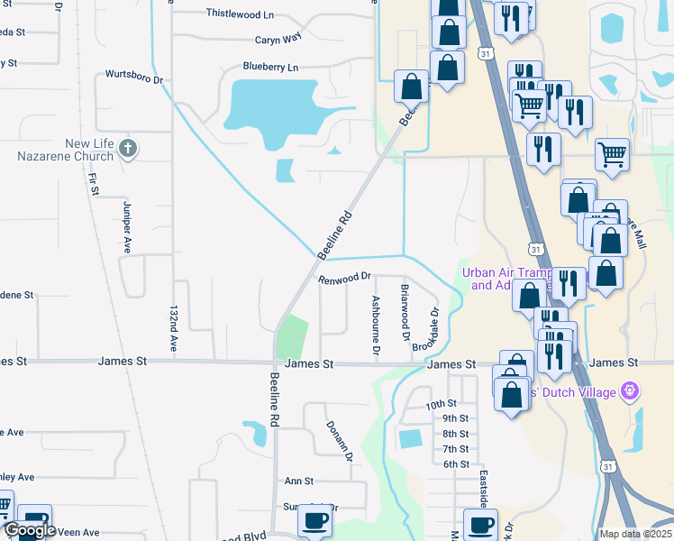 map of restaurants, bars, coffee shops, grocery stores, and more near 2640 Beeline Road in Holland