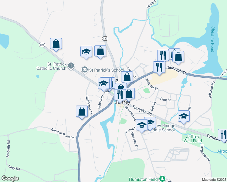 map of restaurants, bars, coffee shops, grocery stores, and more near 24 Main Street in Jaffrey