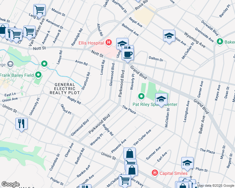 map of restaurants, bars, coffee shops, grocery stores, and more near 1256 Glenwood Boulevard in Schenectady