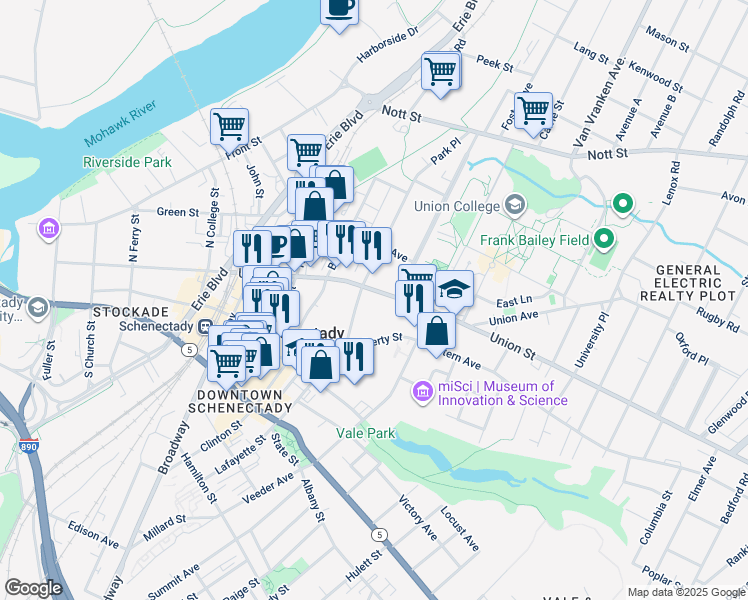 map of restaurants, bars, coffee shops, grocery stores, and more near 709 Union Street in Schenectady