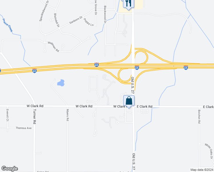 map of restaurants, bars, coffee shops, grocery stores, and more near 1268 West Clark Road in DeWitt